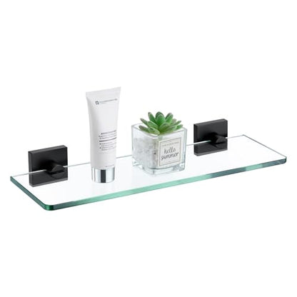 KOKOSIRI Bathroom Glass Shelf 16-Inch Tempered Glass Floating Shelves Shower Storage Kitchen Hanging Rack Wall Mount, Black Stainless Steel B1107BK-L16 - color: Matte Black, size: 16-Inch