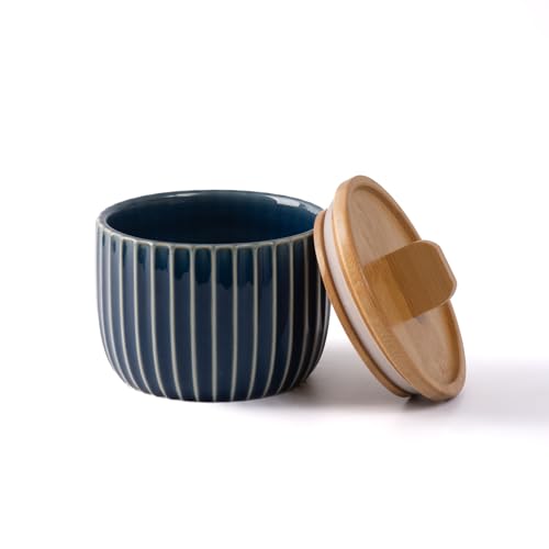 Salt Cellar Keeper with Bamboo Lid, 14oz Big Capacity Ceramic Sugar Bowls Pepper Box, Crackle Glaze Seasoning Container Condiment Pot for Kitchen (Blue Color) - color: Blue