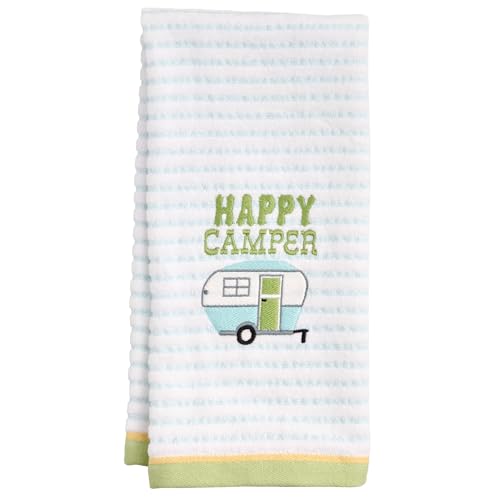 Ritz 2-Piece Cotton Velour Bathroom Hand Towel Set, Embroidered Happy Camper Design, Soft Pinstripe Decorative Bathroom Towels for RV, Cabin, or Home Decor, 16” x 26” - color: Happy Camper, size: 2-Pack Hand Towels