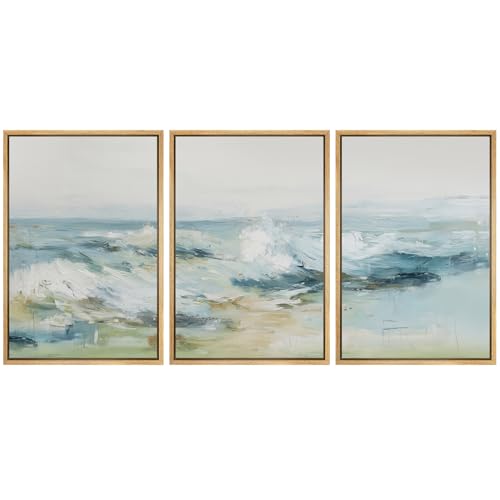 MUDECOR Framed Wall Art Print Set Abstract Ocean Waves Coastal Landscape Illustrations Modern Art Boho Decorative Colorful Chic for Living Room, Bedroom, Office - 24"x36"x3 NATURAL - color: AE01-2604-M03, size: 24"x36"x3 Panels Natural