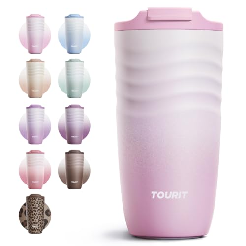 TOURIT 16 oz Insulated Travel Coffee Mug Stainless Steel Tumbler, Pink | Vacuum insulated travel mug with ripple-wave anti-slip grip, leakproof lid & silicone bottom, fits standard car cup holders - color: Pink, size: 16 Ounces
