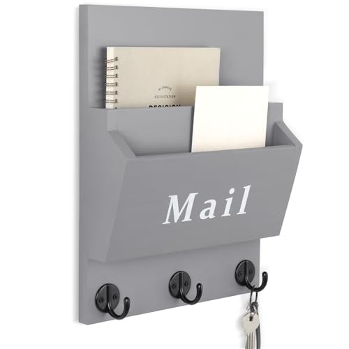 Mail and Key Holder, Wall Key Holder with 2 Mail Organizer Slot and 3 Hooks | Decorative 8.86" x 11.42" Mail Holder, Real Paulownia Wood with Keyhole Brackets, Hardware and Instructions - color: Gray