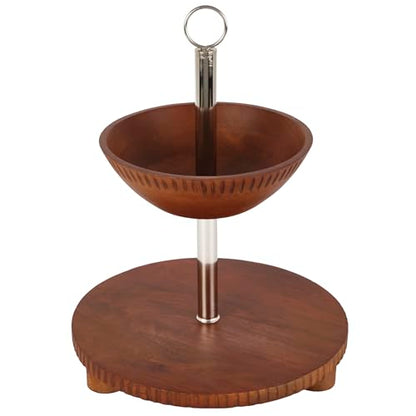 Gourmet Basics by Mikasa Hamden Mango Wood 2-Tier Serving Fruit Basket and Platter – Kitchen Countertop and Buffet Table Stand for Elegant Fruit Display