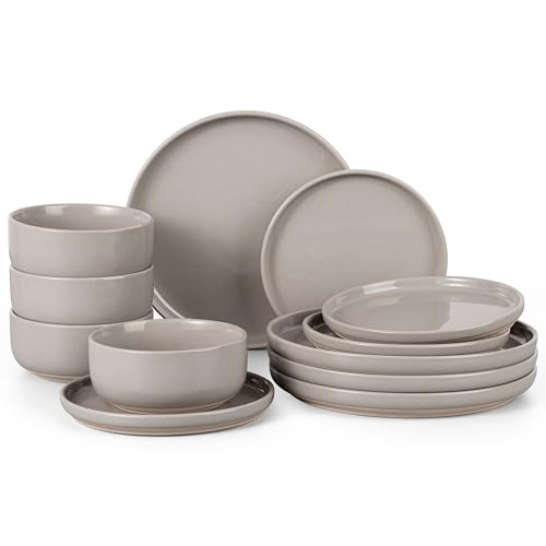 HaWare Dinnerware Sets, 12-Piece Plates and Bowls Set for 4, Cream Coffee - color: Speckled Cream Coffee, size: 12pcs for 4