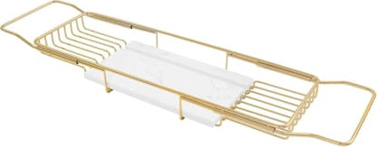 Expandable Stainless Steel Bathtub Caddy Tray with White Marble Board, | Extra Wide Rustproof Shelf, Book Tablet & Wine Glass Stand For Luxury Home Spa(Gold+White) - color: Gold+white