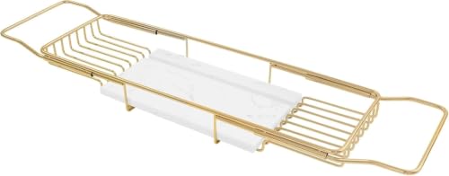 Expandable Stainless Steel Bathtub Caddy Tray with White Marble Board, | Extra Wide Rustproof Shelf, Book Tablet & Wine Glass Stand For Luxury Home Spa(Gold+White) - color: Gold+white