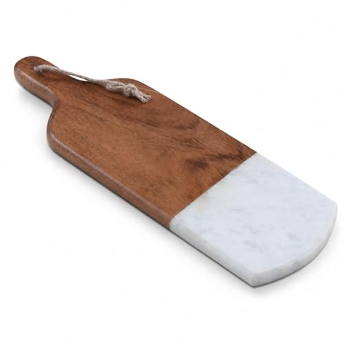 Marble & Acacia Wood Cutting Board – 16.25x5.5" White Charcuterie, Cheese & Serving Tray for Bread, Steak, Fruit – Elegant Solid Chopping Board for Kitchen & Parties - color: White Antique, size: 16"L x 5.5"W