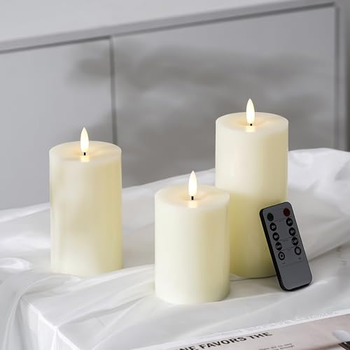 Stmarry Ivory Flameless Candles with Remote and Timer, Real Wax Made LED Pillar Candles Battery Operated with 3D Flickering Flame - 3" x 4",5",6" - Set of 3 - color: Ivory