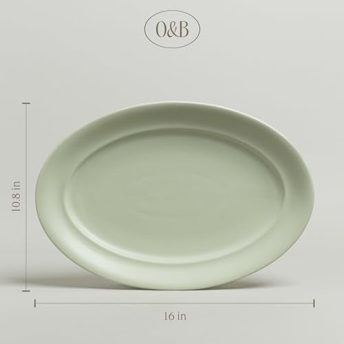 over&back Rim Stoneware Serving Platter - Elegant 1-Piece Oval Serving Platter to Complete Your Kitchen Set - 16" L x 10.8" W Semi-Matte Sage - color: Green