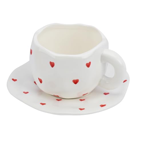Koythin 10oz Ceramic Mug With Saucer, Small Red Heart Couple Latte Tea Cup | 300ml Heart Pattern Cup, Safe For Microwave & Dishwasher; Couple Cup - color: Small Red Heart