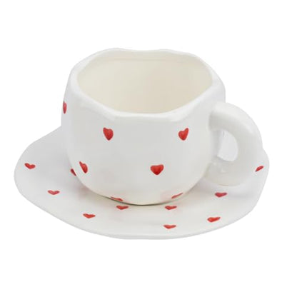 Koythin 10oz Ceramic Mug With Saucer, Small Red Heart Couple Latte Tea Cup | 300ml Heart Pattern Cup, Safe For Microwave & Dishwasher; Couple Cup - color: Small Red Heart
