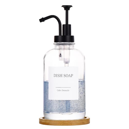 Glass Soap Dispenser with Upgrade Pump, Hand and Dish Soap Dispenser for Bathroom Kitchen, Soap Dispenser Set with 9 Stickers Funnel Bamboo Tray 500ml 18oz Clear - color: Clear
