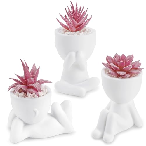 Der Rose 3 Pack Pink Fake Succulents in Human-Shaped Pots for Desk Decor | Playful sculptural planters, varied poses, maintenance-free pink decor for office desk bathroom shelf bedroom decor - color: Pink