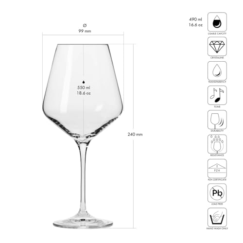 Krosno Red Wine Glasses 4-Piece 16.6 oz Avant-garde Collection, Perfect for Home, Restaurants & Parties, Dishwasher Safe, Thin Rim, Long Stem | Lead-Free Crystal Glass | White rose wine, drinking glass, water, cocktail, aperol, Lead-Free Crystal, Dishwash