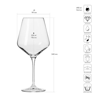 Krosno Red Wine Glasses 4-Piece 16.6 oz Avant-garde Collection, Perfect for Home, Restaurants & Parties, Dishwasher Safe, Thin Rim, Long Stem | Lead-Free Crystal Glass | White rose wine, drinking glass, water, cocktail, aperol, Lead-Free Crystal, Dishwash