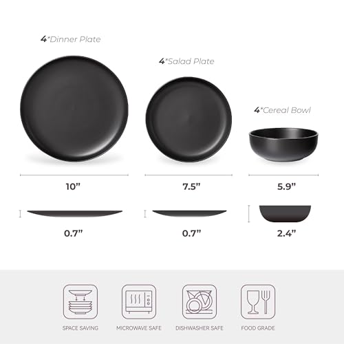 12-Piece Stoneware Dinnerware Set with Mugs | Microwave and Dishwasher Friendly | Stackable Matte Glaze Plates & Bowls | Service for 3 (Black for 4) - color: Black for 4
