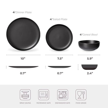 12-Piece Stoneware Dinnerware Set with Mugs | Microwave and Dishwasher Friendly | Stackable Matte Glaze Plates & Bowls | Service for 3 (Black for 4) - color: Black for 4