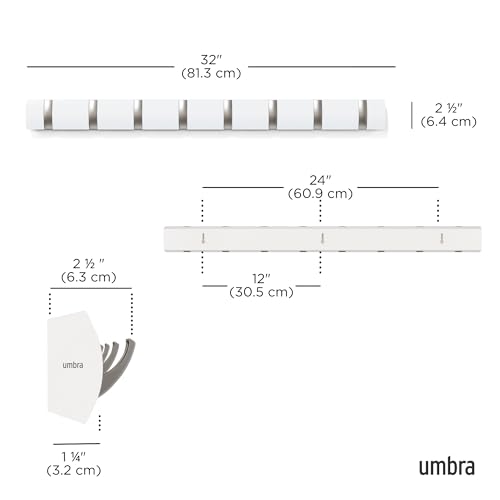 Umbra Flip Coat Rack, Wall Mount 8-Hook, Space Saving, White | Real wood and steel build, retractable hooks fold flat, holds coats bags and scarves, easy install - color: White/Nickel, size: 8-Hook
