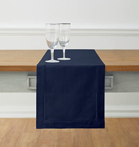 Solino Home Cotton Linen Table Runner Navy, Hemstitch Collection 14 x 90 in | Table Runners for 6-8 seater dining tables, hallway tables and consoles | soft plain weave, artisan crafted | easy care linen - color: 14: Navy, size: 14 X 90 Inch
