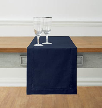 Solino Home Cotton Linen Table Runner Navy, Hemstitch Collection 14 x 90 in | Table Runners for 6-8 seater dining tables, hallway tables and consoles | soft plain weave, artisan crafted | easy care linen - color: 14: Navy, size: 14 X 90 Inch