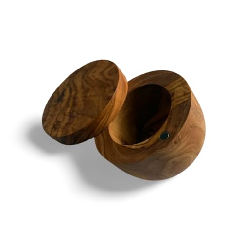 Handmade Olive Wood Salt and Pepper Keeper with Magnetic Swivel Lid – Rustic Wooden Salt Cellar for Kitchen Storage.