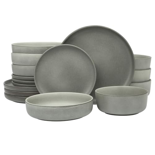 Gibson Elite Pasco 16 Piece (Service for 4) Plates and Bowls Double Bowl Reactive Glaze Dishes Stoneware Ceramic Dinnerware Set - Grey - color: Grey (Pasco), size: Service for 4 (16pcs)
