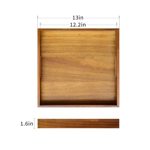 13 inch Acacia Wood Square Serving Tray, Decorative Platter with Handles, for Breakfast in Bed, Coffee Table, Appetizers, Snacks or Home Decor