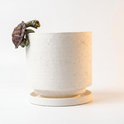 Nihow Ceramic Plant Pot with Resin Figure/Drainage Hole & Saucer,5.7 Inch | White, Cylinder Planters, Art Modem Design, Home Garden Patio Office - color: White+rt, size: 5.7 Inch
