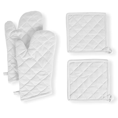 Native Fab 4 Piece Set - 2 Oven Mitts & 2 Potholders, Heat Resistant, 100% Cotton, Quilted Design, Non-Slip Grip, Machine Washable, Ideal for Baking, Cooking, BBQ, Kitchen Protection - White - color: White