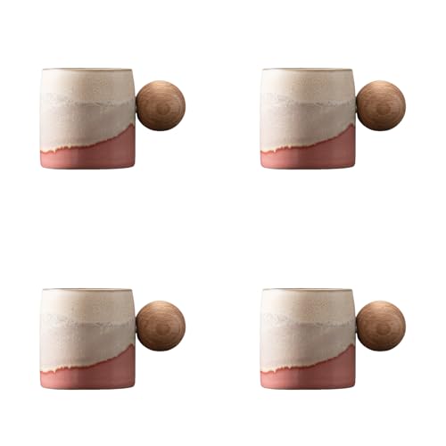 2-Oz Ceramic Espresso Cups with Wood Handle, 2/4-Piece Set for Coffee, Tea, Latte - Dishwasher Safe, Multi-Color & Wood Styles, Gift & Café Use (Kiln turning pink, Round Handle4) - color: Kiln turning pink, size: Round Handle4