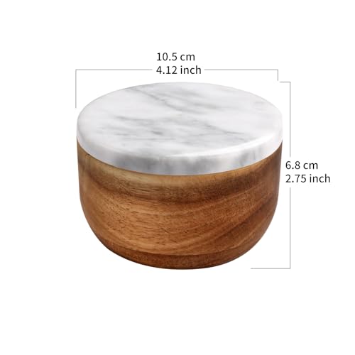 jalz jalz Acacia Wood Salt Cellar with white Marble Lid, 10oz Pinch Pot & Spoon - color: White Cover Natural Base
