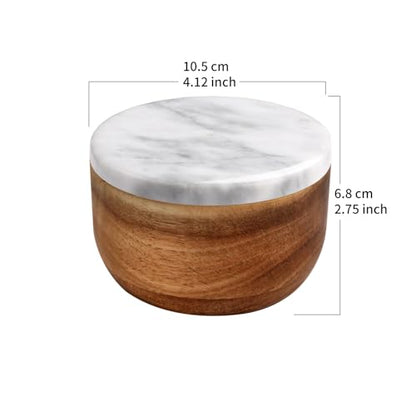 jalz jalz Acacia Wood Salt Cellar with white Marble Lid, 10oz Pinch Pot & Spoon - color: White Cover Natural Base