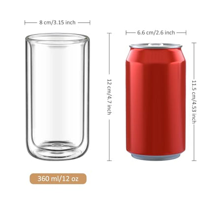 Joeyan Glass Double Walled Beer Drinking Glasses, Insulated Thermo Glass Tumbler Without Hole, Thickened Water Cocktail Highball Glass Cups, Smoothie Tea Coffee Glassware, 12oz, 2Pack, Dishwasher Safe - color: 360ml-Clear without hole