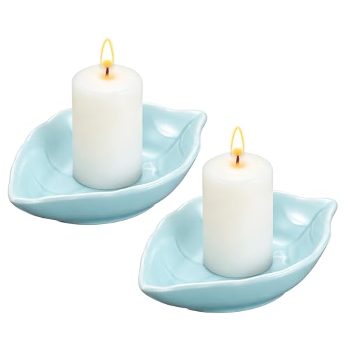 uxcell 2Pcs Ceramic Candle Holder Plates, 4.3 x 3'' Leaf Shaped Candlestick Holder Decorative Dish Small Candle Plate for Tea Light Aromatherapy Wedding Rustic Vintage Home, Sky Blue - color: Sky Blue