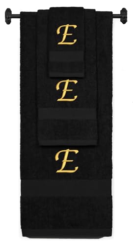 Monogrammed Bath, Hand, Washcloth Cotton Towel Set, Personalized Gift 3Pc-E - color: Black & Gold, size: Initial E