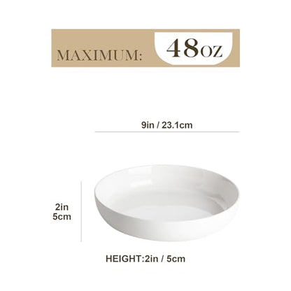 MALACASA 48 Oz Pasta Bowls Set of 4, Ceramic Salad Bowls, White | Microwave, Oven (482F), and Dishwasher Safe, For Pasta, Salad, Cereal, and Soup, 9 Inch Wide Shallow Design, Stackable, LUNA - color: White