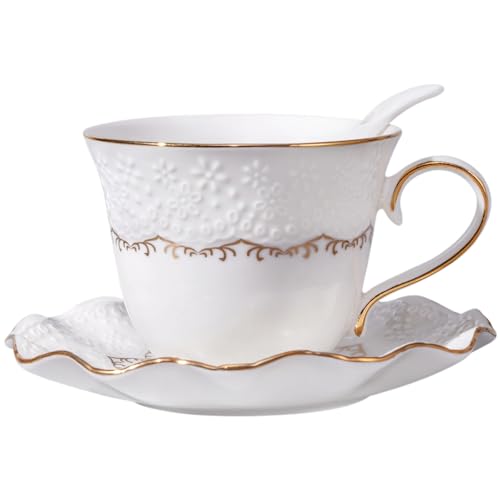 Tea Cup and Saucer Set for 1, Ceramic, White, 6.8 Oz | Coffee Cup with Saucer and Spoon, Elegant Design, 3D relief patterns, Gold Trim, Protective Packaging, Ideal for Gift - color: Elegant