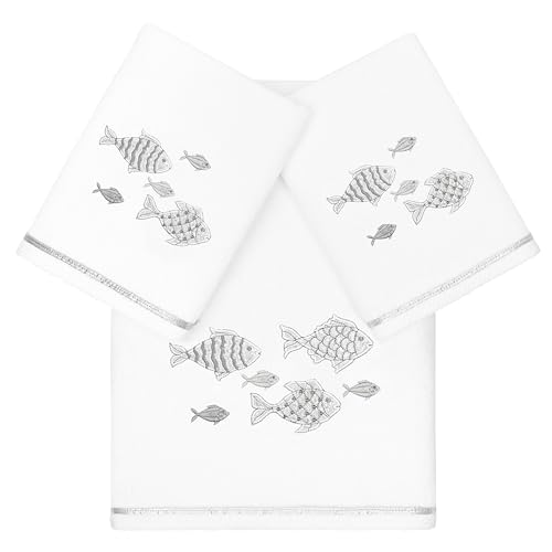 Treasure 3-Piece Towel Set, Embroidered Fish Design, 100% Turkish Cotton, Luxuriously Soft & Absorbent, Elegant Coastal Decor, 1 Bath 2 Hand Towels, White - color: White, size: 1 Pc Bath 2 Pcs Hand Towel