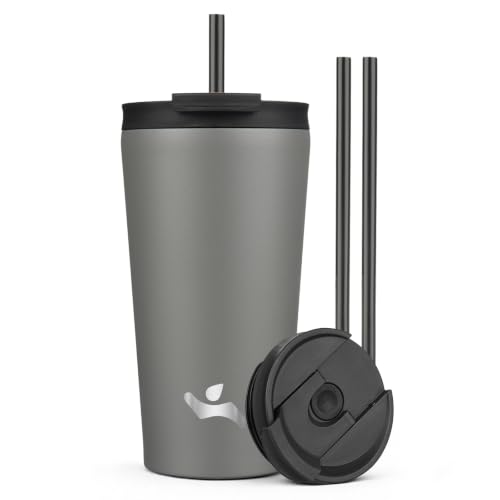 Konokyo 18 oz Insulated Tumbler Water Bottle with Straw Lid, Gray | Stainless steel insulated tumbler for coffee, water and iced drinks; spill-proof lid, 2 straws, cup-holder friendly - color: Gray, size: 18 Ounces