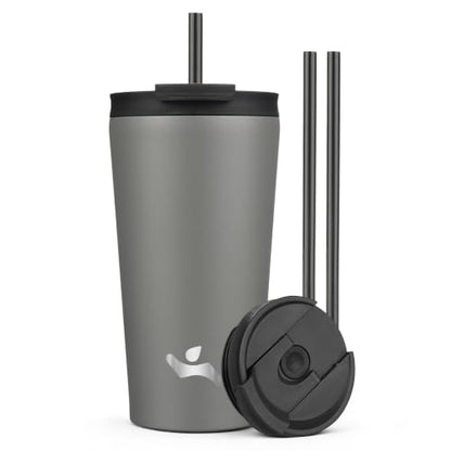 Konokyo 18 oz Insulated Tumbler Water Bottle with Straw Lid, Gray | Stainless steel insulated tumbler for coffee, water and iced drinks; spill-proof lid, 2 straws, cup-holder friendly - color: Gray, size: 18 Ounces