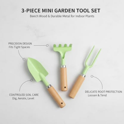 3-Piece Mini Garden Tool Set with Beech Wood Handles and Iron Heads for Indoor Plants, Succulents, and Small Pots - size: 11.02 x 3.15 x 1.18 in