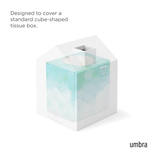 Umbra Casa Tissue Box Cover, House Shaped Kleenex Box Holder, Square, White | Adds decorative touch to rooms, easy one hand retrieval, wipe with damp cloth, durable plastic - color: White