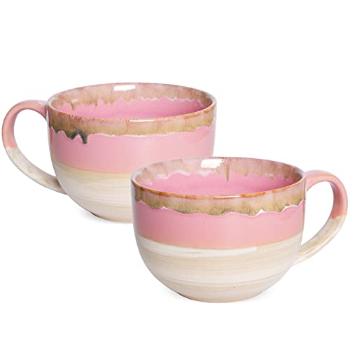 Ceramic Jumbo Coffee Mug Set of 2, 23 Oz, Large Mug Soup Bowls with Handles, Dishwasher and Microwave Safe (Pink) - color: Pink