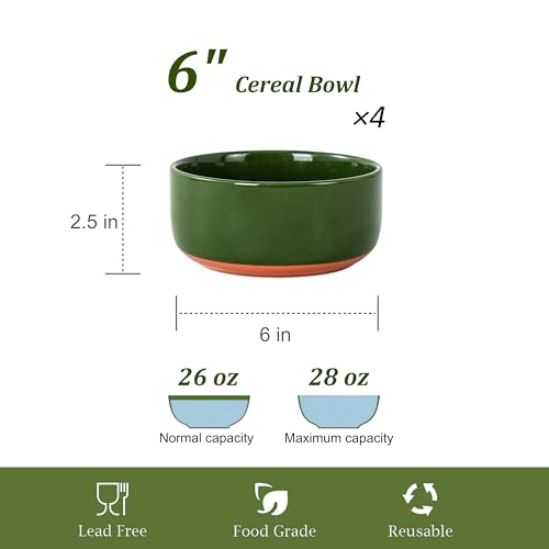 28 OZ Ceramic Cereal Bowls Set, 6 Inch, Set of 4, Elegant Green | Handcrafted, Dishwasher & Microwave Safe, Stoneware Deep Soup Bowls for Everyday Use - color: Green, size: Cereal Bowls Set (4PCS)