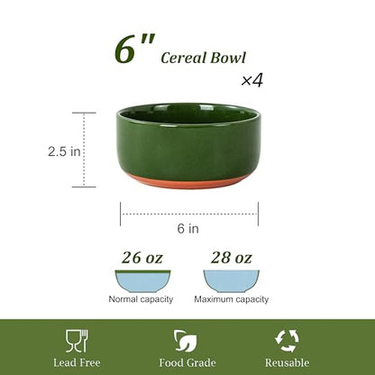 28 OZ Ceramic Cereal Bowls Set, 6 Inch, Set of 4, Elegant Green | Handcrafted, Dishwasher & Microwave Safe, Stoneware Deep Soup Bowls for Everyday Use - color: Green, size: Cereal Bowls Set (4PCS)