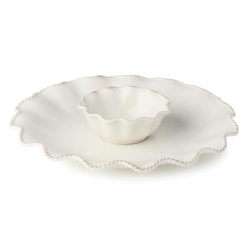 Heritage Ivory Stoneware Chip & Dip Set, 2-Piece – 15” Scalloped Serving Platter with 6” Dip Bowl (14oz) – Elegant Ripple-Edge Design for Entertaining, Snacks, & Appetizers
