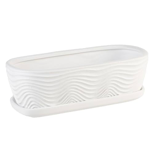 MyGift 13.5 inch Succulent Planter Pot, Oval Modern Ceramic Plant Box Container with Wave Textured Pattern and Removable Saucer Drip Tray (White) - color: White