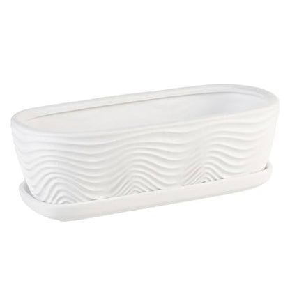 MyGift 13.5 inch Succulent Planter Pot, Oval Modern Ceramic Plant Box Container with Wave Textured Pattern and Removable Saucer Drip Tray (White) - color: White