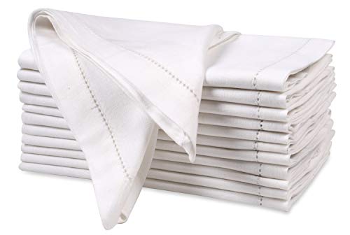 Ramanta Home Flax Linen Cloth Napkins Set of 12 20x20 Inches - White | Hemstitched Cotton Linen Blend Dinner Napkin, Reusable Decorative Napkins for Weddings, Everyday Use - color: 1- White, size: 20" x 20" (Set of 12)