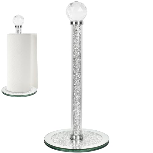 Paper Towel Holder Stand, Silver Countertop Paper Towel Roll Dispenser Holders with Round Base,Tissue Holder Filled with Sparkly Crystal Crushed Diamond House Decor for Kitchen Bathroom, Heavy Weight - color: Silver-round